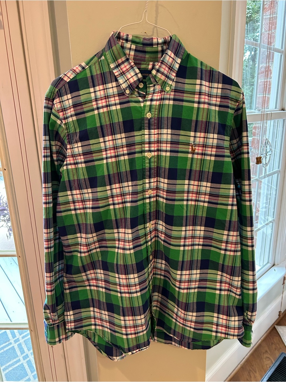 Ralph Lauren Green and Navy Plaid Button-Down Shirt Polo Large Like New